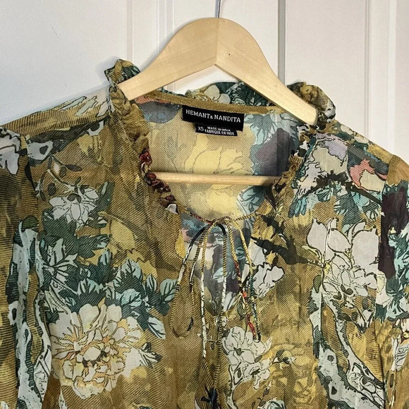Hemant & Nandita Sheer 100% Silk Floral Peplum Blouse Top - Picture 2 of 6
